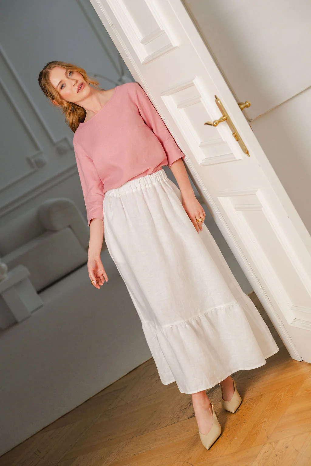 Classic Linen Blouse, Powder Pink - Image 5
