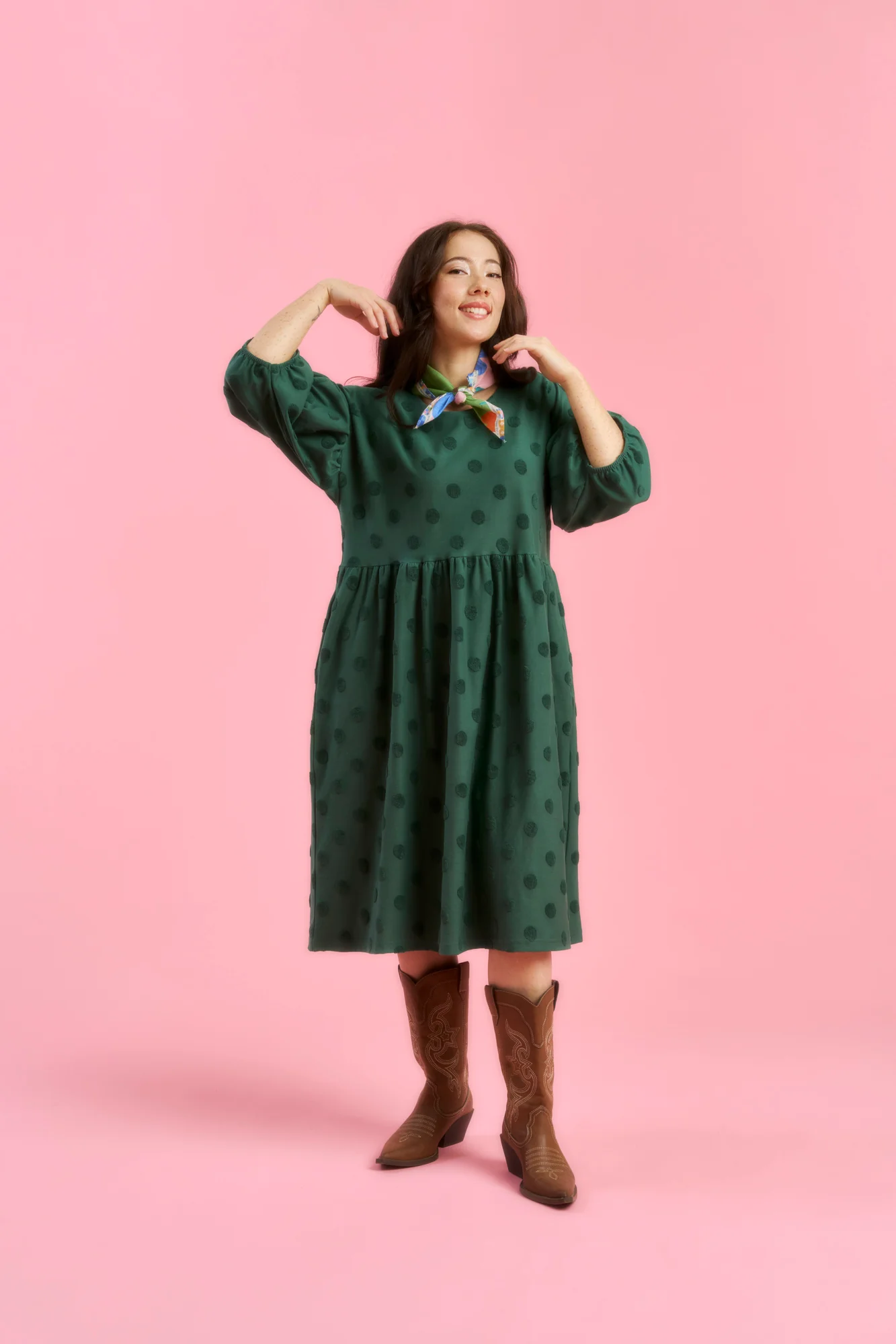 Elena Dress, Soft Green Big Dot - Image 2