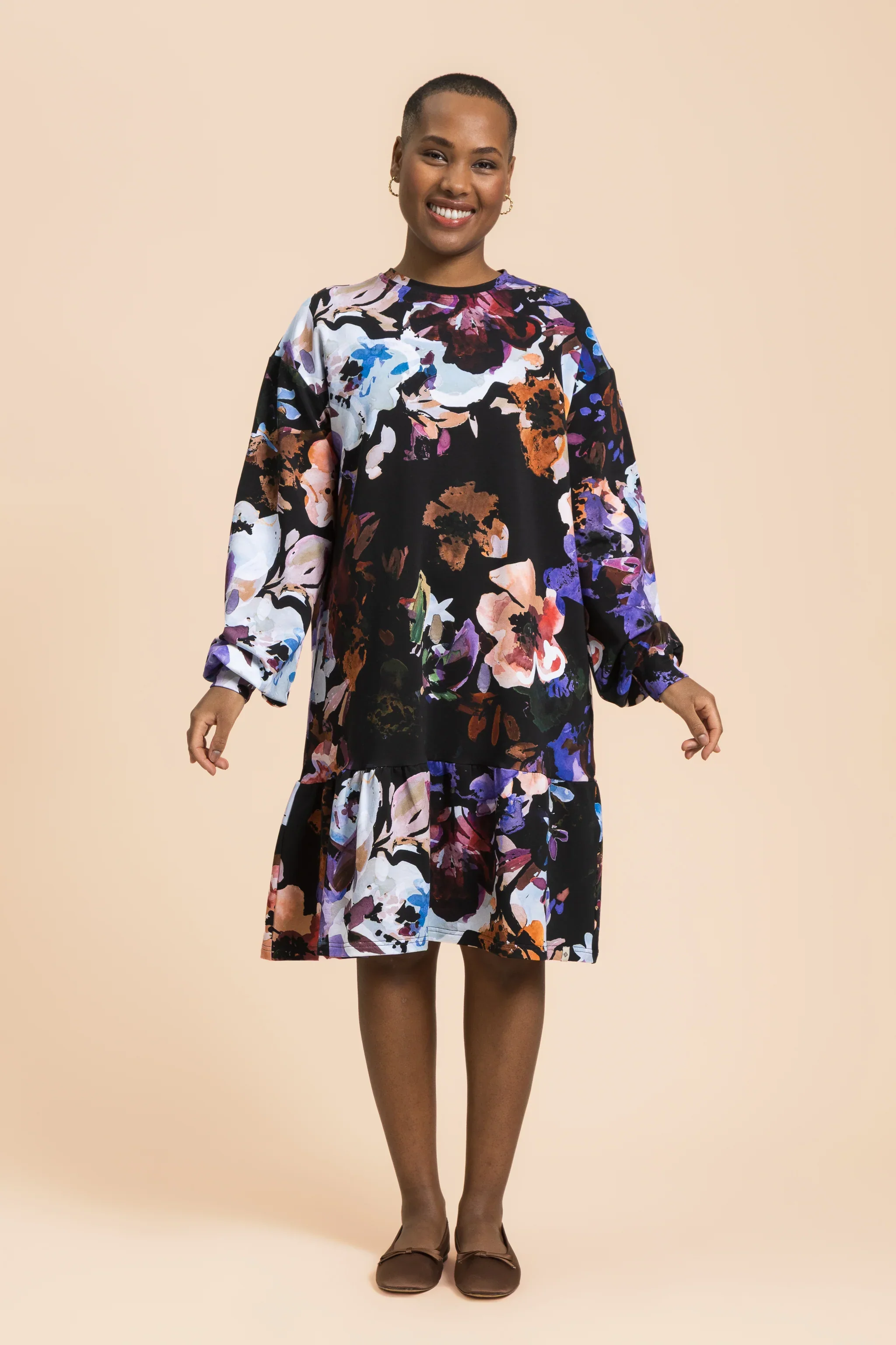Ruffle Sweatshirt Dress, Black Anemone