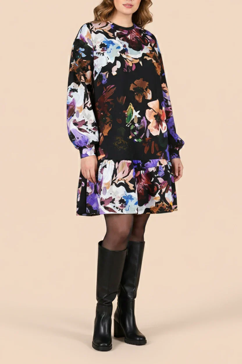 Ruffle Sweatshirt Dress, Black Anemone - Image 7
