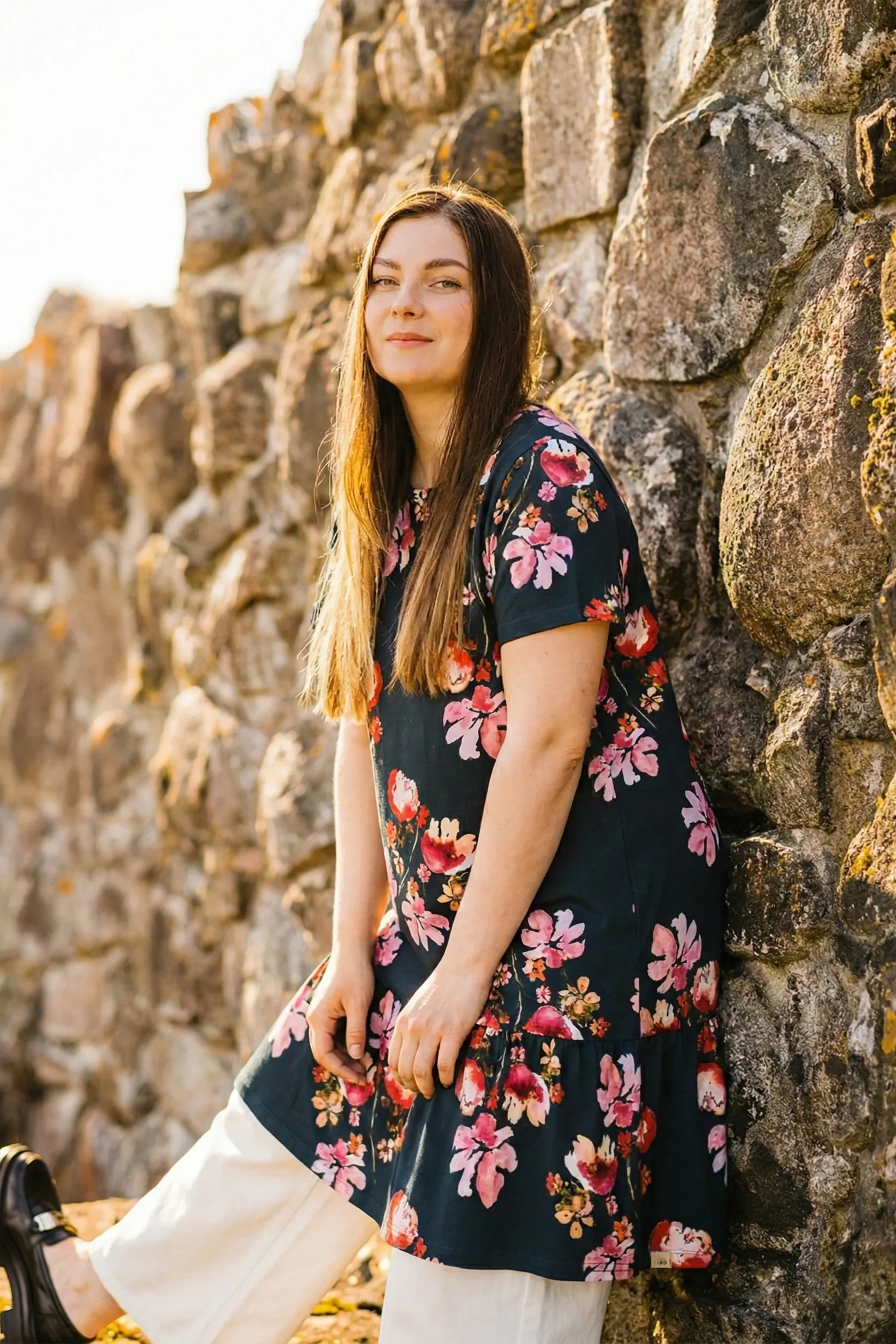 Ruffle T-Shirt Dress, Cherry Blossom Navy - Image 2