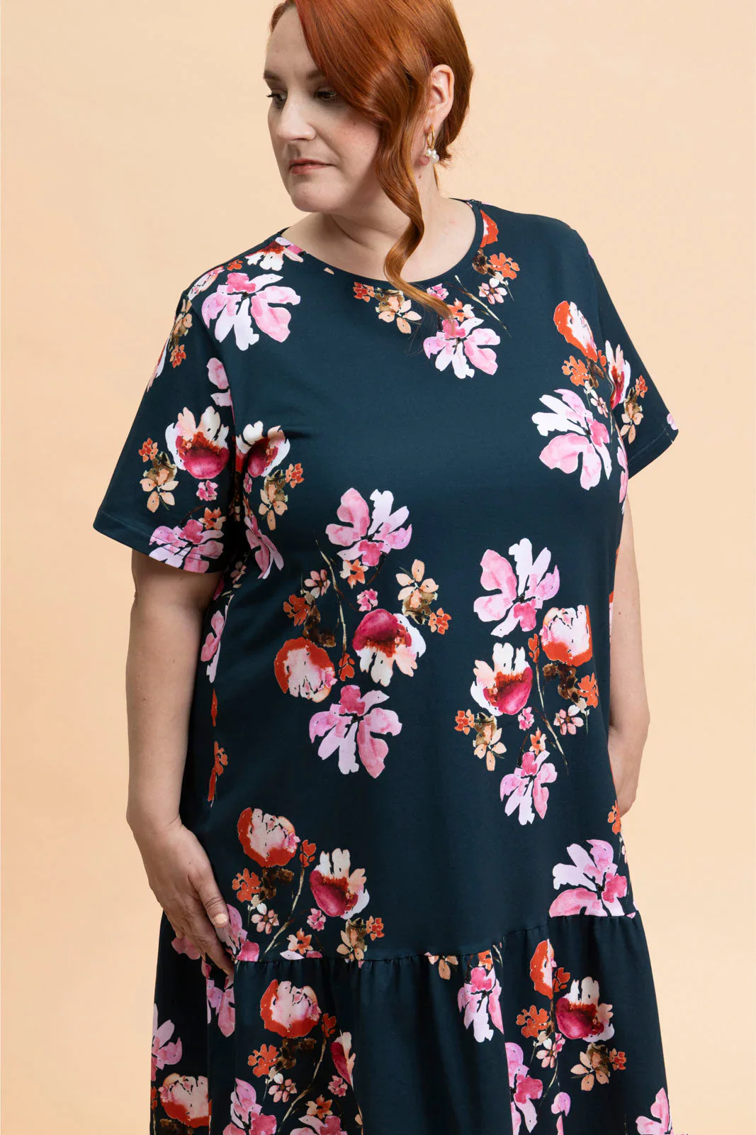 Ruffle T-Shirt Dress, Cherry Blossom Navy - Image 3