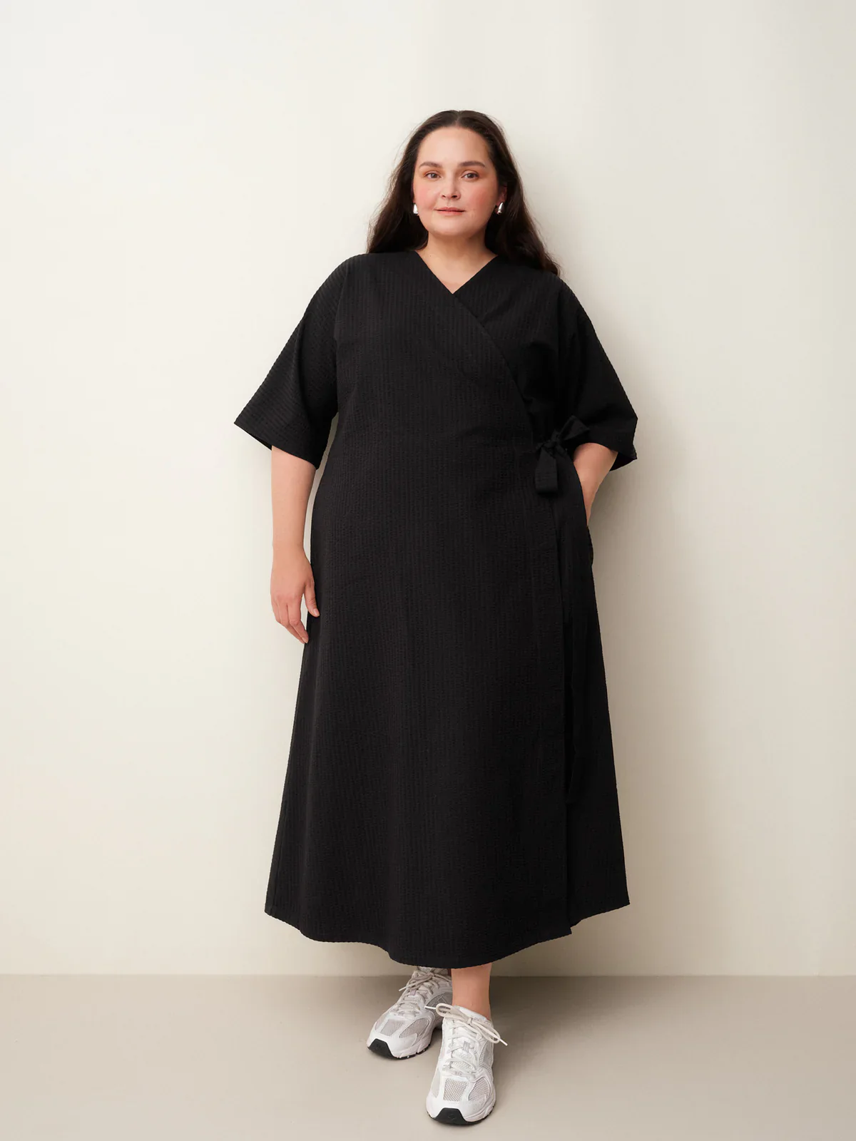 Seersucker Wrap Dress, Black - Image 3