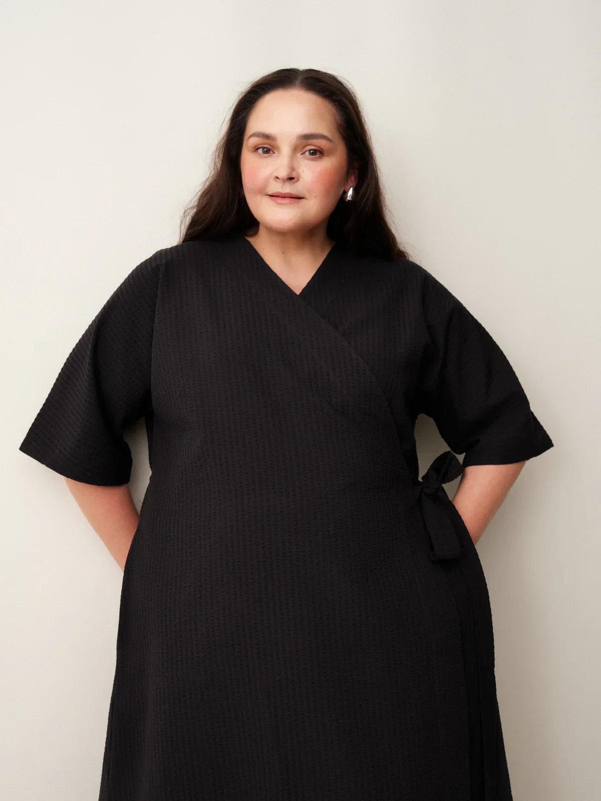 Seersucker Wrap Dress, Black - Image 4
