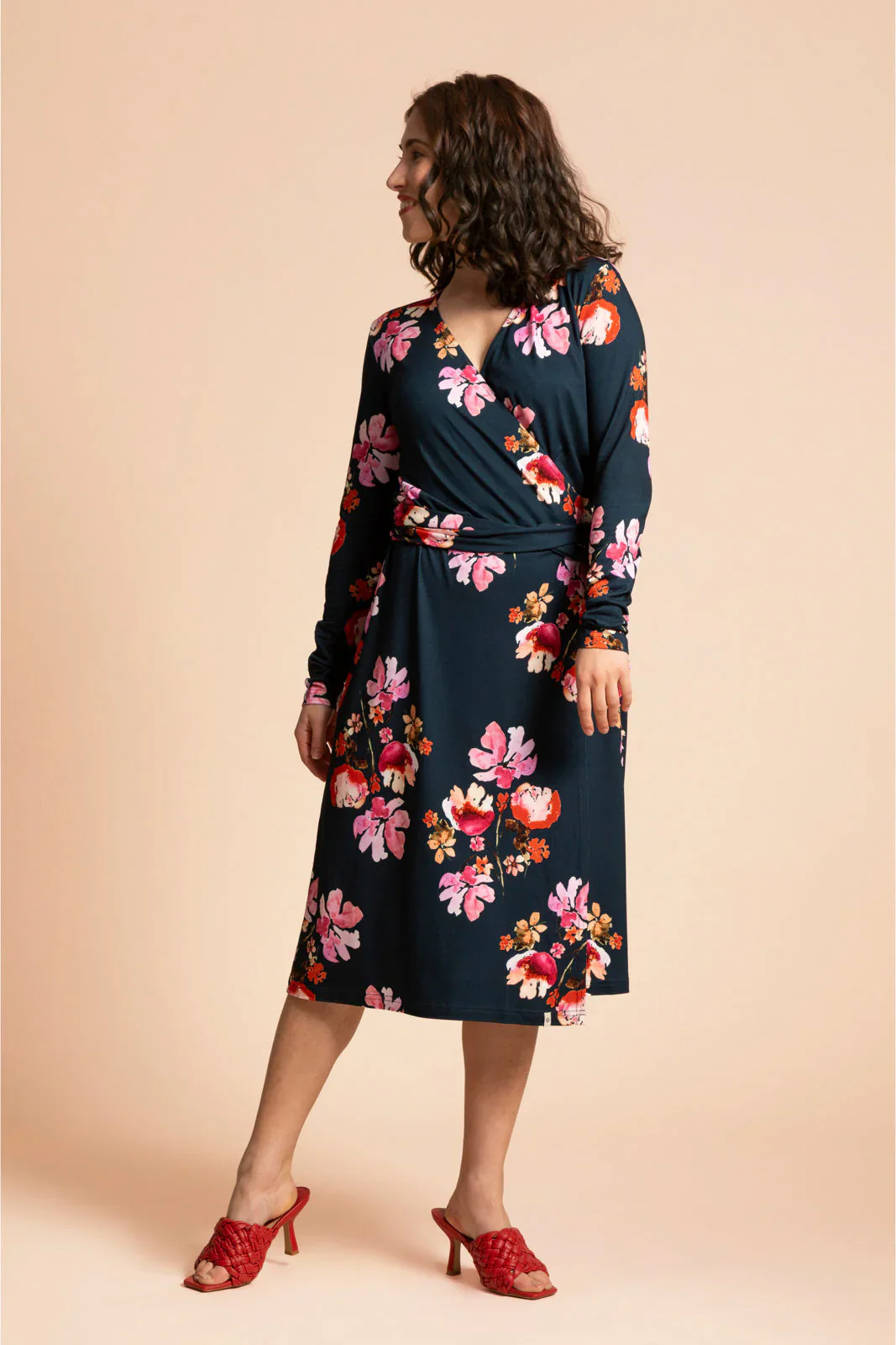 Soft Wrap Dress, Cherry Blossom Navy - Image 2
