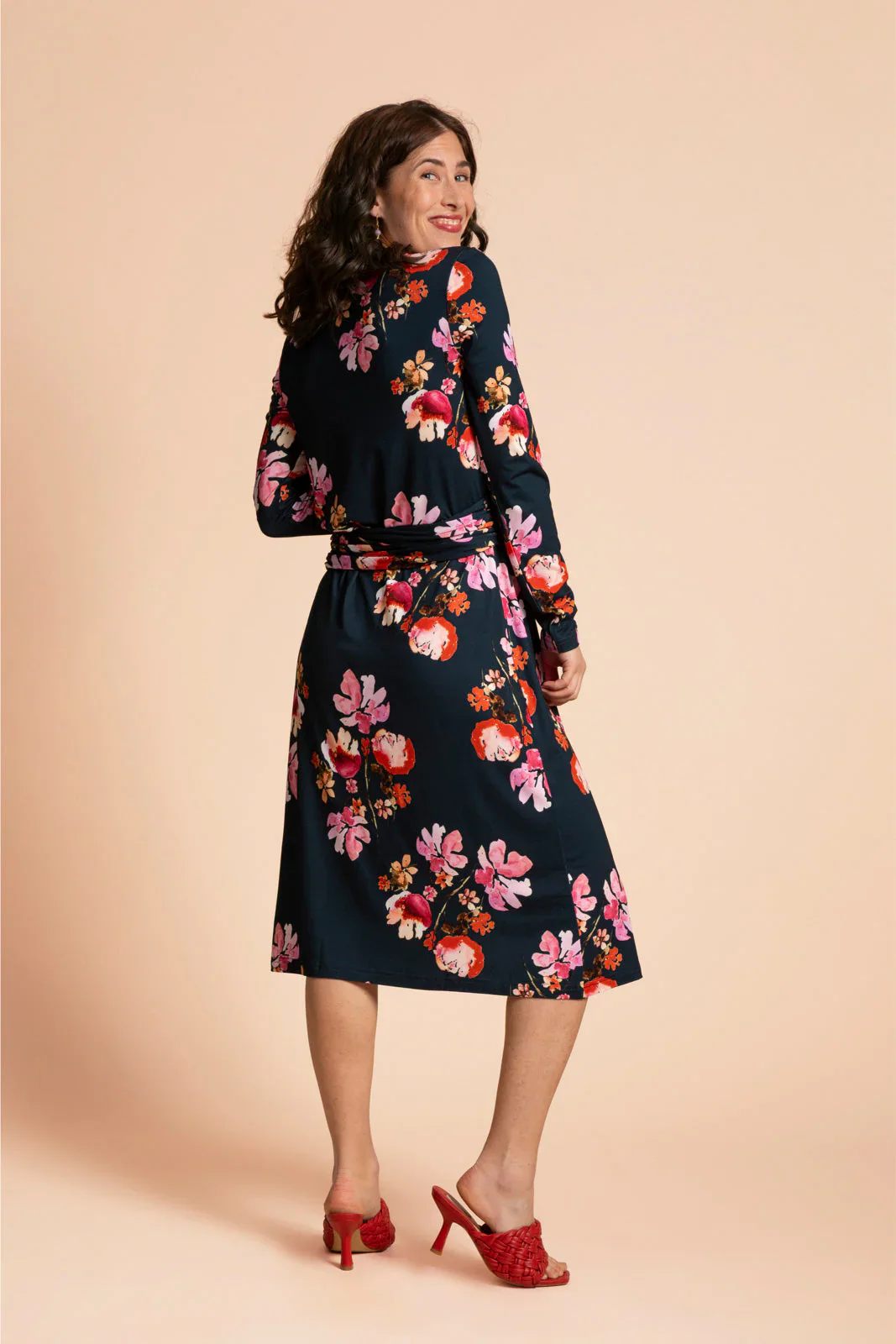 Soft Wrap Dress, Cherry Blossom Navy - Image 4