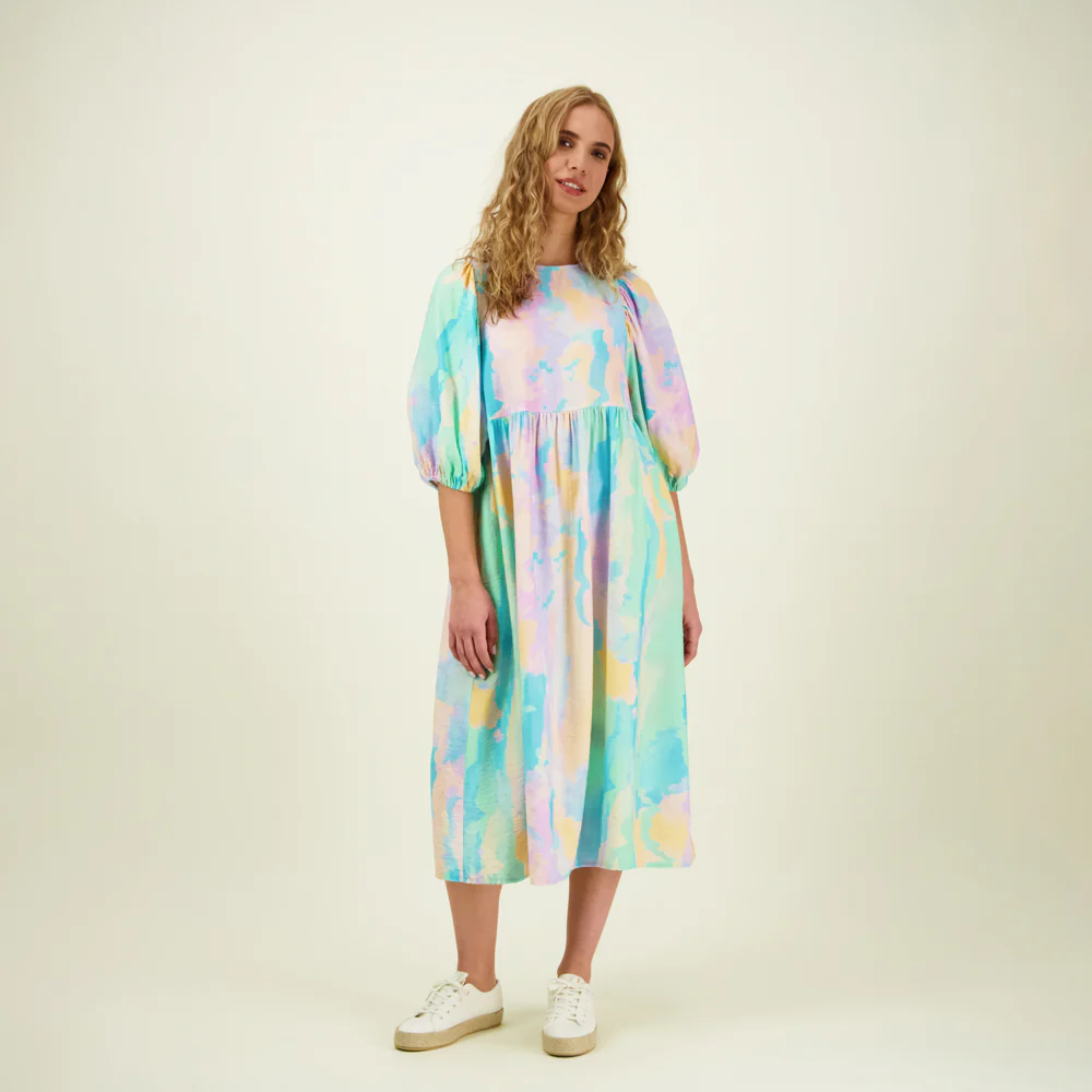 Sunset Puff Sleeve Midi Dress, Multicolour - Image 3