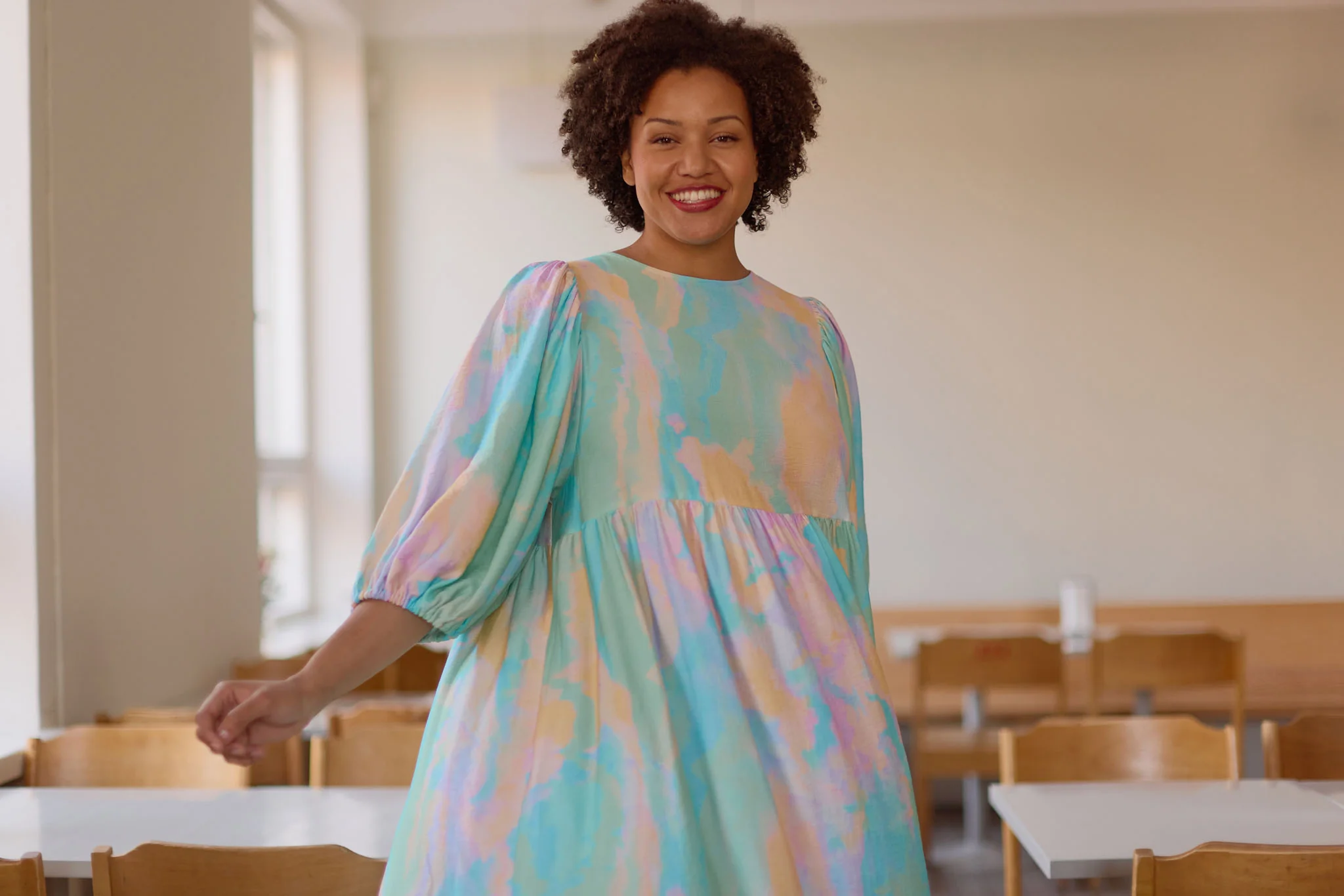 Sunset Puff Sleeve Midi Dress, Multicolour - Image 6