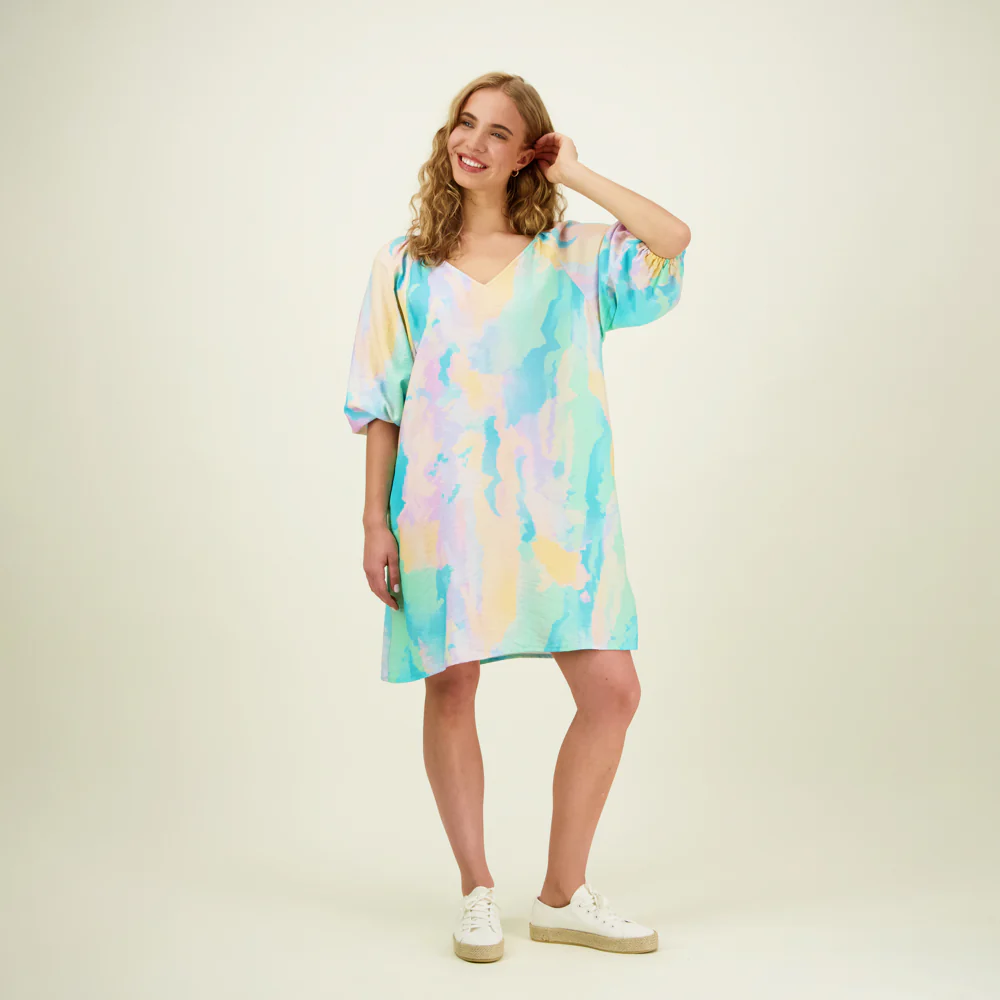 Sunset Volume Sleeve Tunic Dress, Multicolour - Image 3