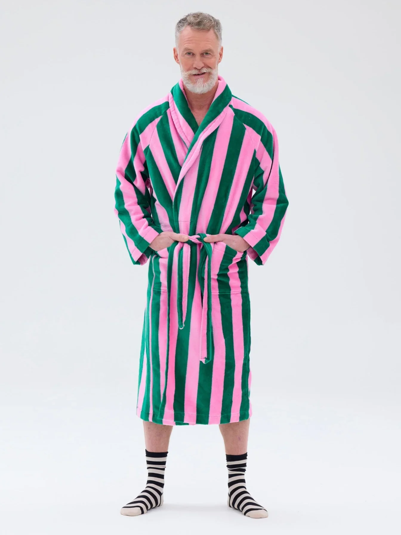 Unisex Velour Kylpytakki Raita, Roosa/Vihreä - Image 3