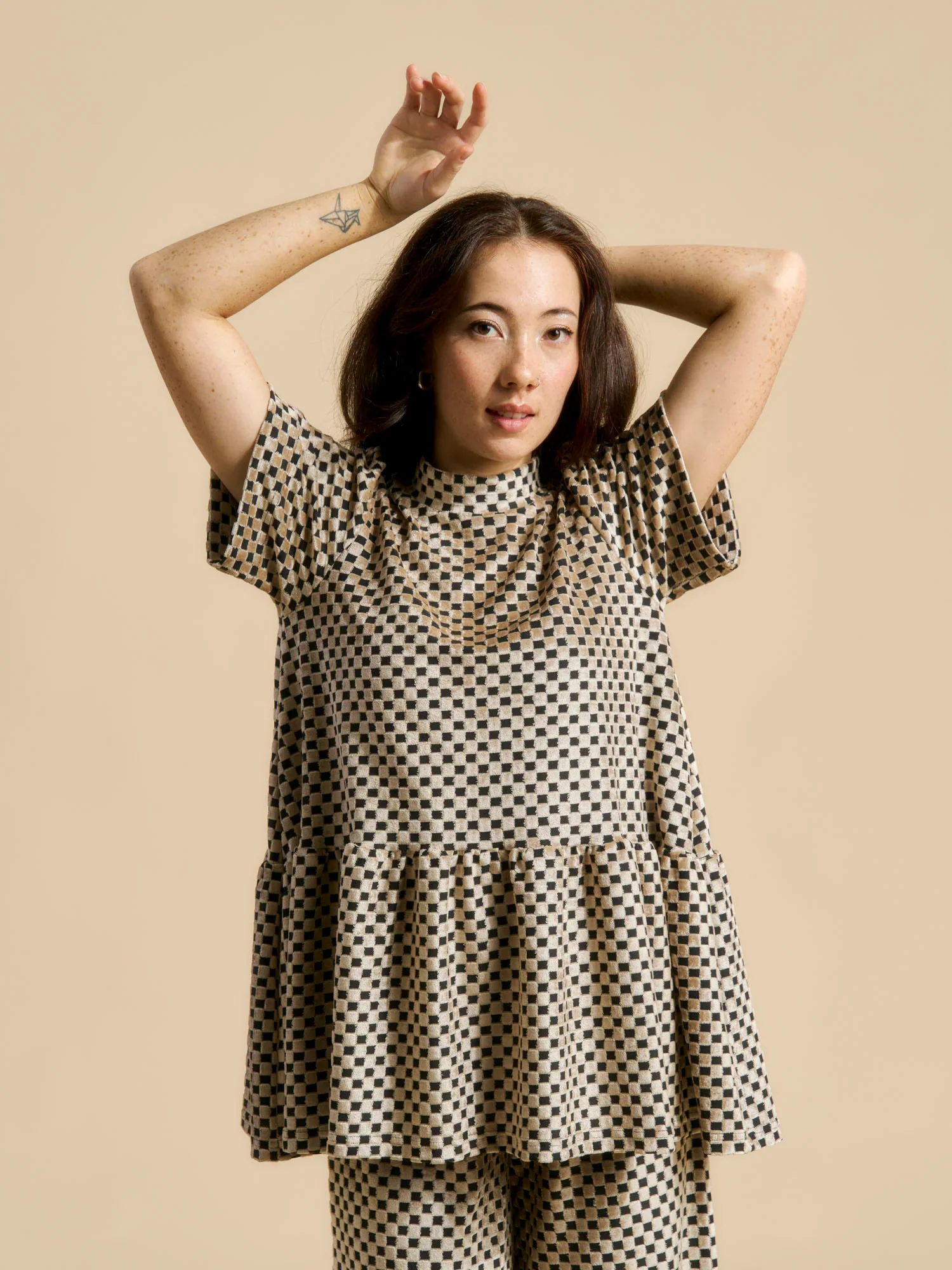 Vanda Peplum Shirt, Almond Chess - Image 3